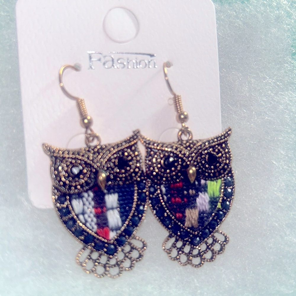 Multicolored green, white, blue and black gold  tone owl 🦉 earrings